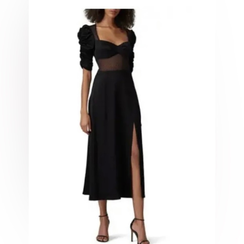 Allen Schwartz Joanna Satin Midi Dress Ruched Puff Sleeve Sweetheart Neck